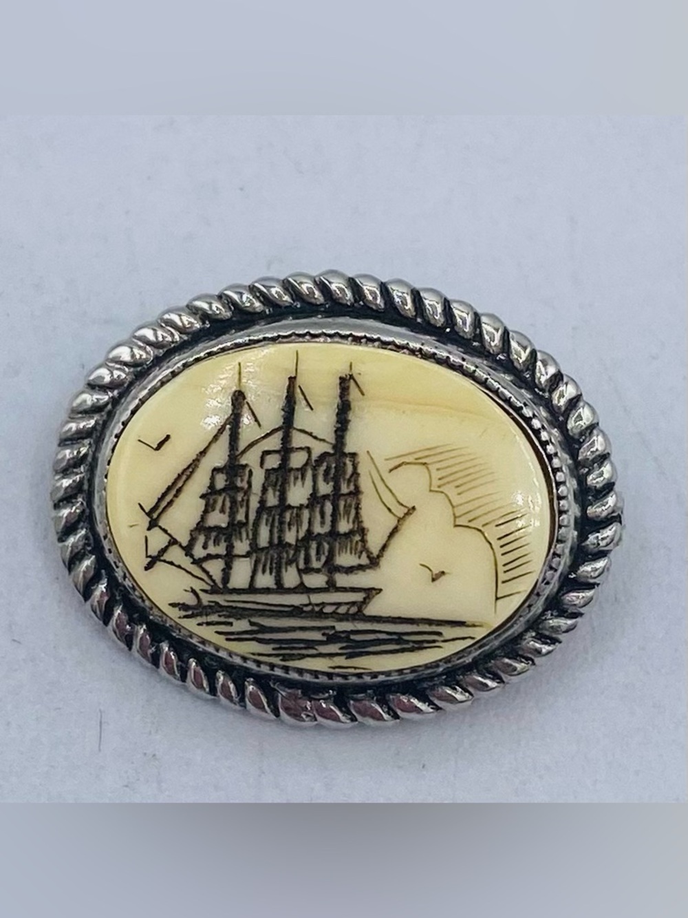 Vintage Silver Tone  Scrimshaw Miniature Etched Sailboat Ship Oval Brooch/Pin
